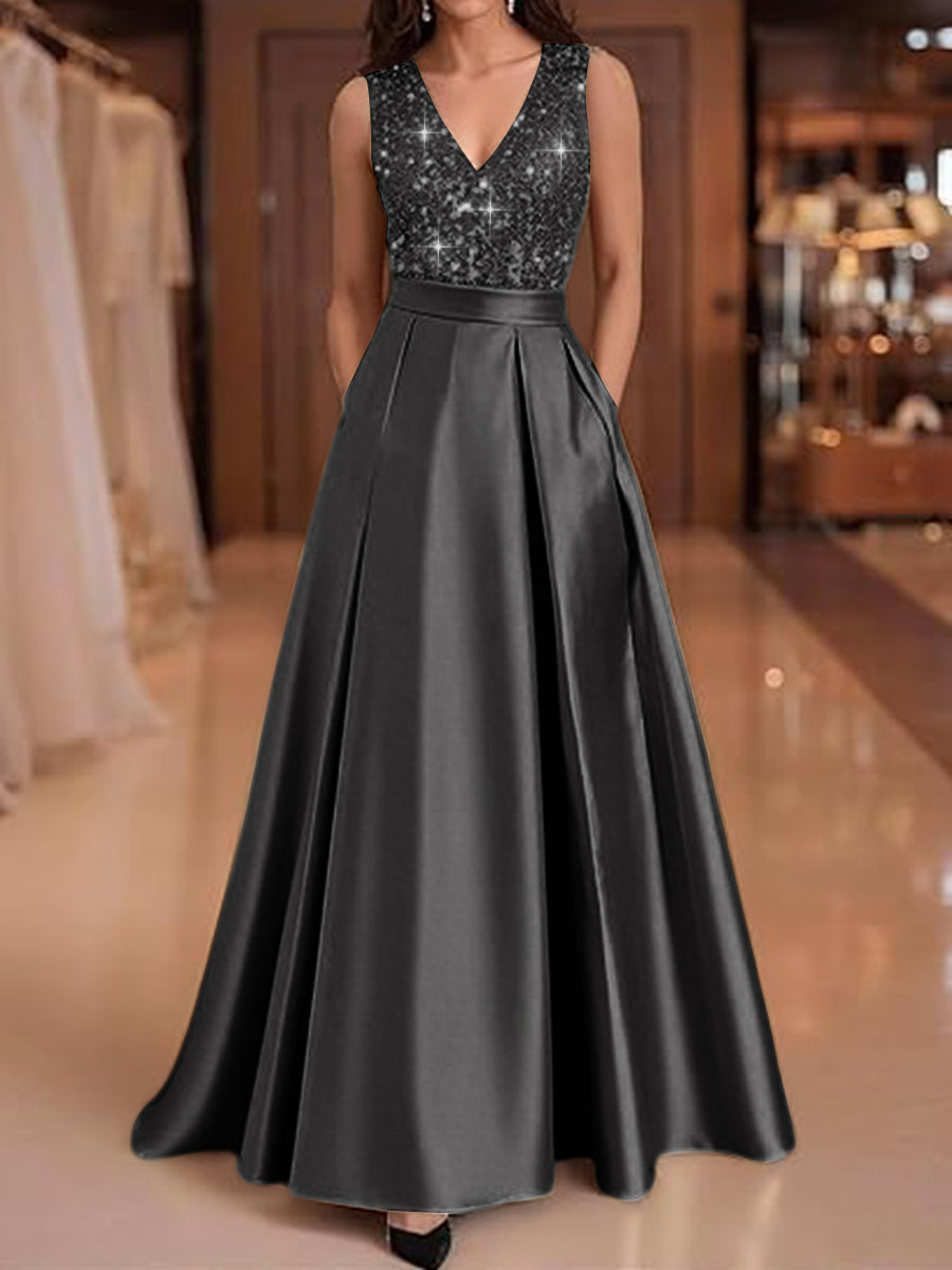 A-Line/Princess V-Neck Pleated Satin Evening Dresses Sequins Formal Gowns