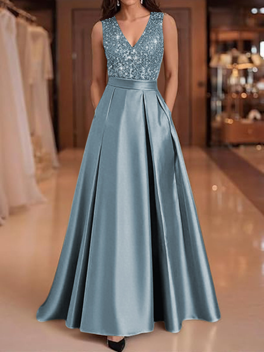A-Line/Princess V-Neck Pleated Satin Evening Dresses Sequins Formal Gowns