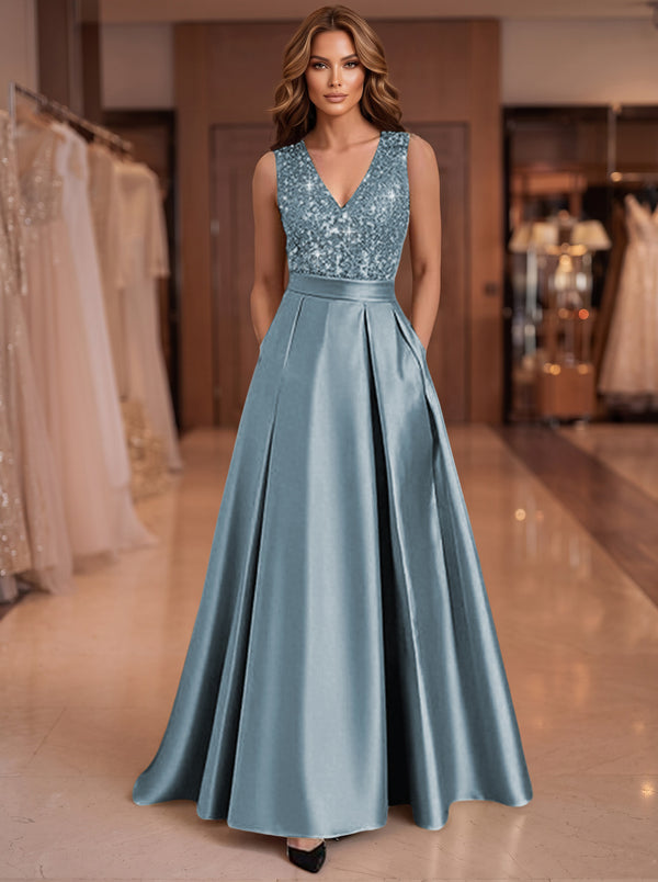 A-Line/Princess V-Neck Pleated Satin Evening Dresses Sequins Formal Gowns
