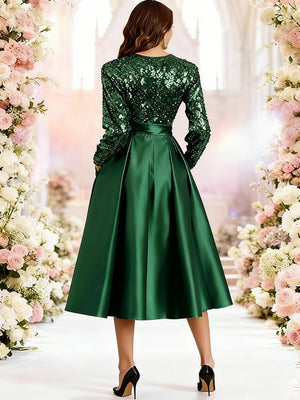 A-Line/Princess V-Neck Pleated Satin Tea-Length Mother of the Bride Dresses with Sequins