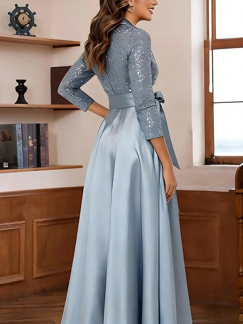A-Line/Princess V-Neck Collar Satin Floor-Length Mother of the Bride Dresses with Bow & Sequins