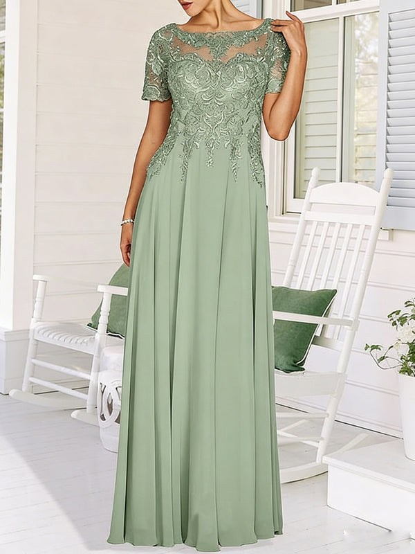A-Line/Princess Scoop Neck Illusion Floor-Length Mother of the Bride Dresses with Lace Appliques