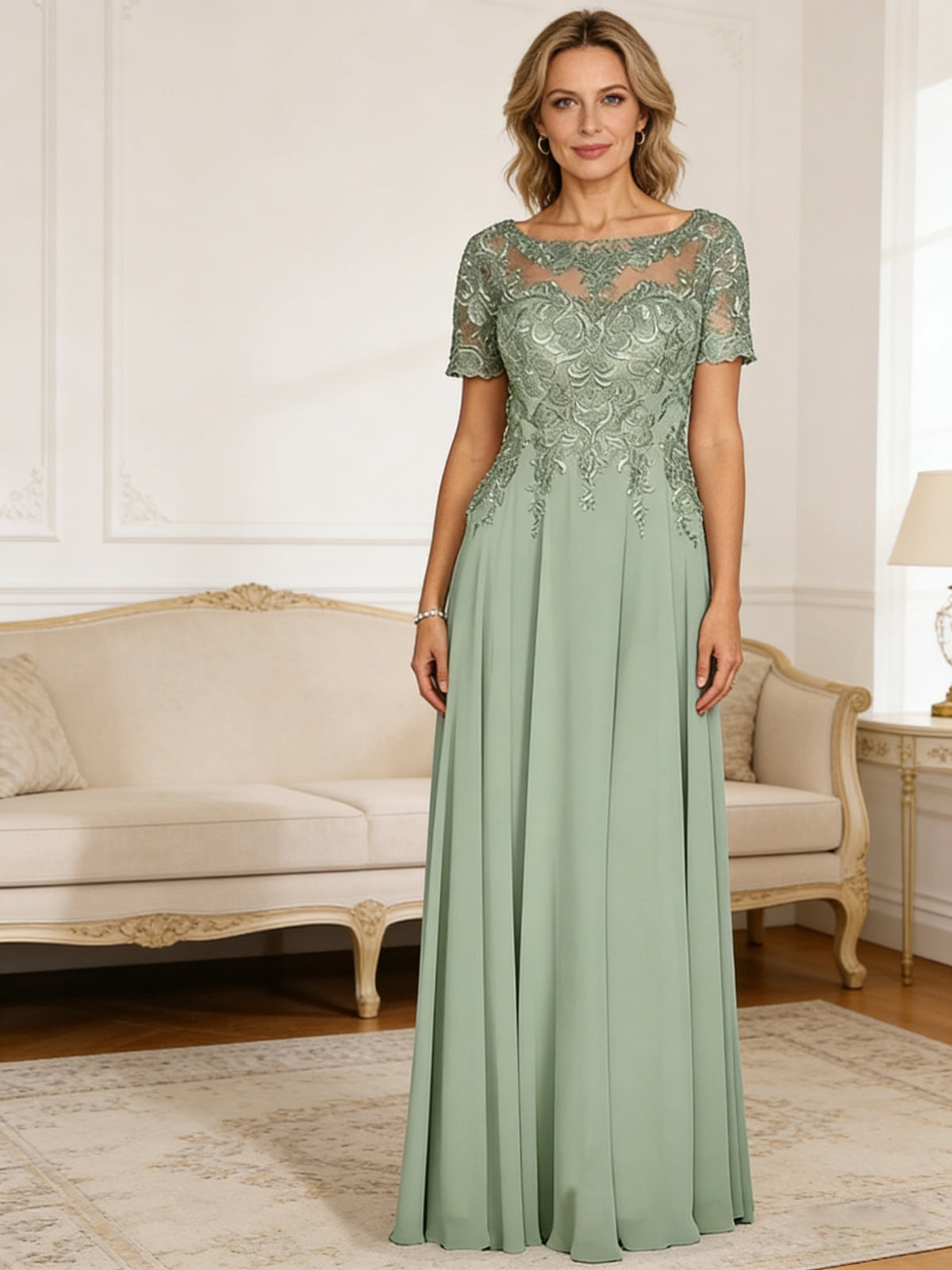 A-Line/Princess Scoop Neck Illusion Floor-Length Mother of the Bride Dresses with Lace Appliques