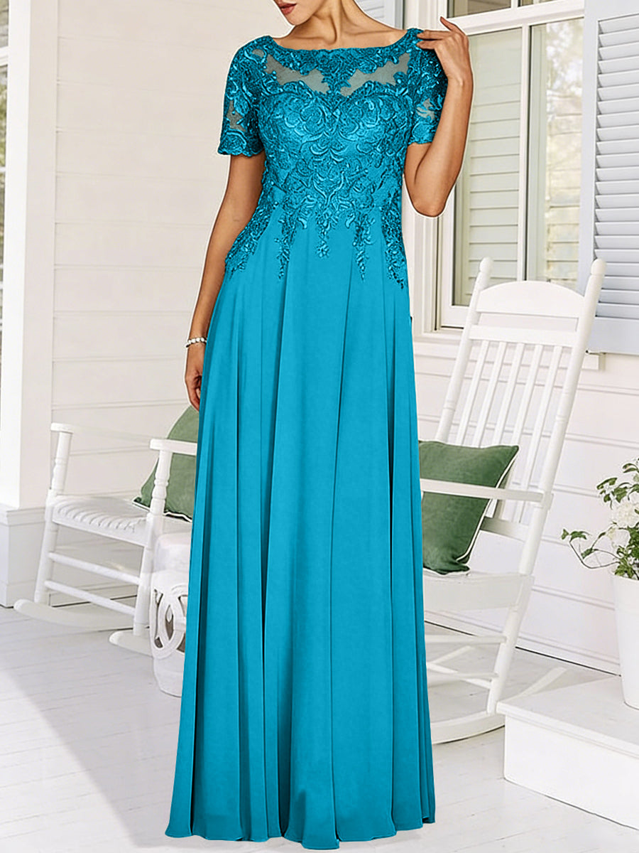 A-Line/Princess Scoop Neck Illusion Floor-Length Mother of the Bride Dresses with Lace Appliques