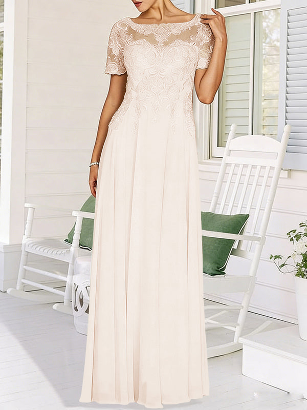 A-Line/Princess Scoop Neck Illusion Floor-Length Mother of the Bride Dresses with Lace Appliques