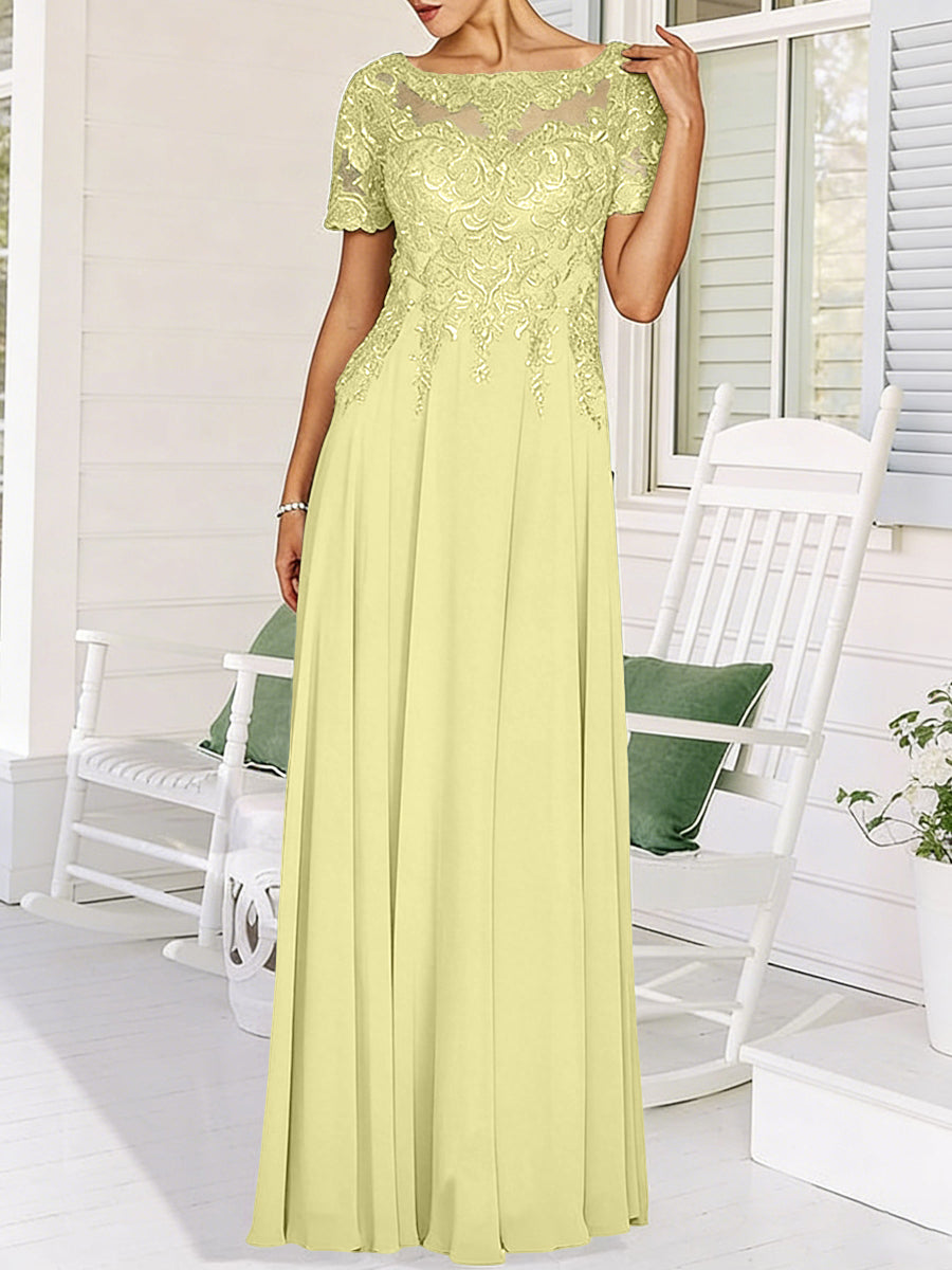 A-Line/Princess Scoop Neck Illusion Floor-Length Mother of the Bride Dresses with Lace Appliques