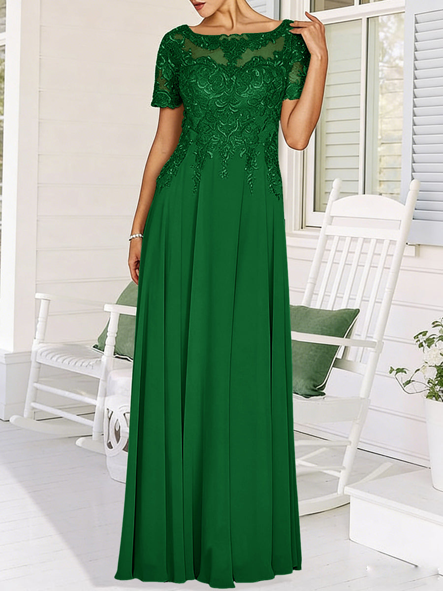 A-Line/Princess Scoop Neck Illusion Floor-Length Mother of the Bride Dresses with Lace Appliques
