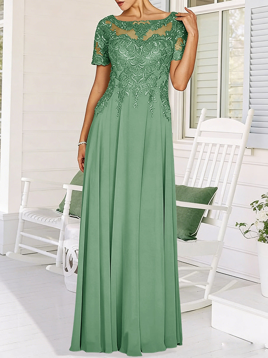 A-Line/Princess Scoop Neck Illusion Floor-Length Mother of the Bride Dresses with Lace Appliques