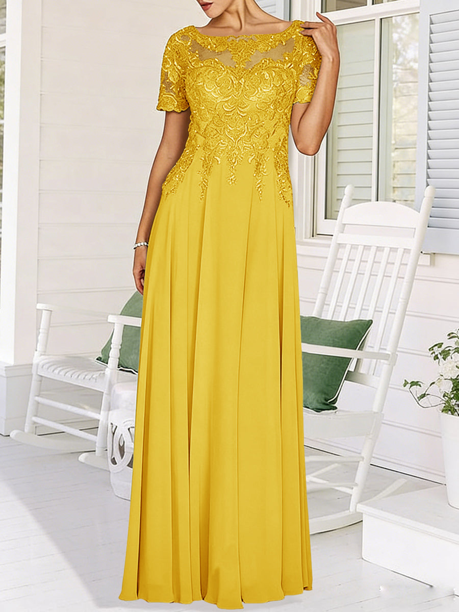 A-Line/Princess Scoop Neck Illusion Floor-Length Mother of the Bride Dresses with Lace Appliques