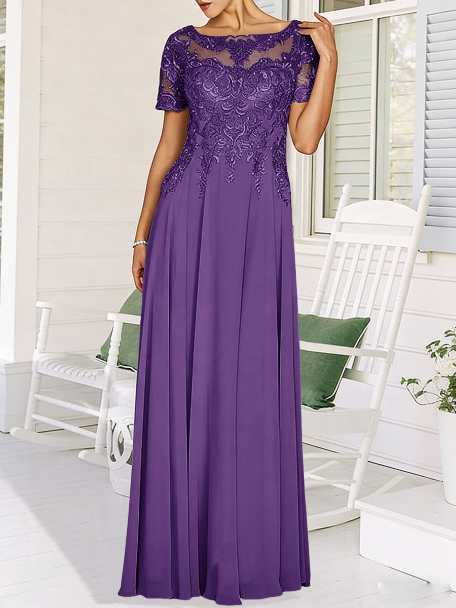 A-Line/Princess Scoop Neck Illusion Floor-Length Mother of the Bride Dresses with Lace Appliques