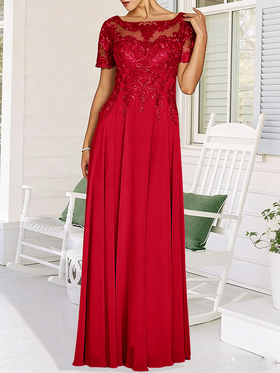 A-Line/Princess Scoop Neck Illusion Floor-Length Mother of the Bride Dresses with Lace Appliques