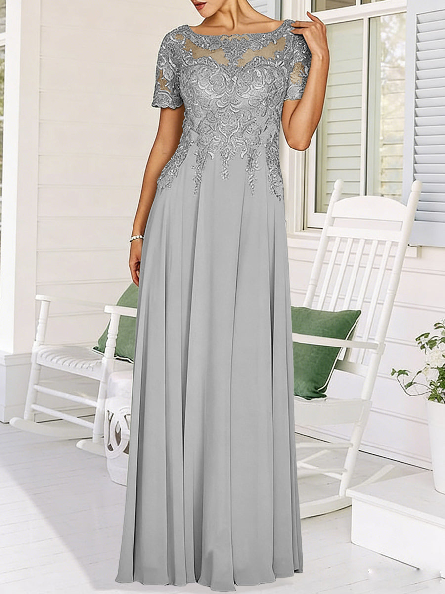 A-Line/Princess Scoop Neck Illusion Floor-Length Mother of the Bride Dresses with Lace Appliques