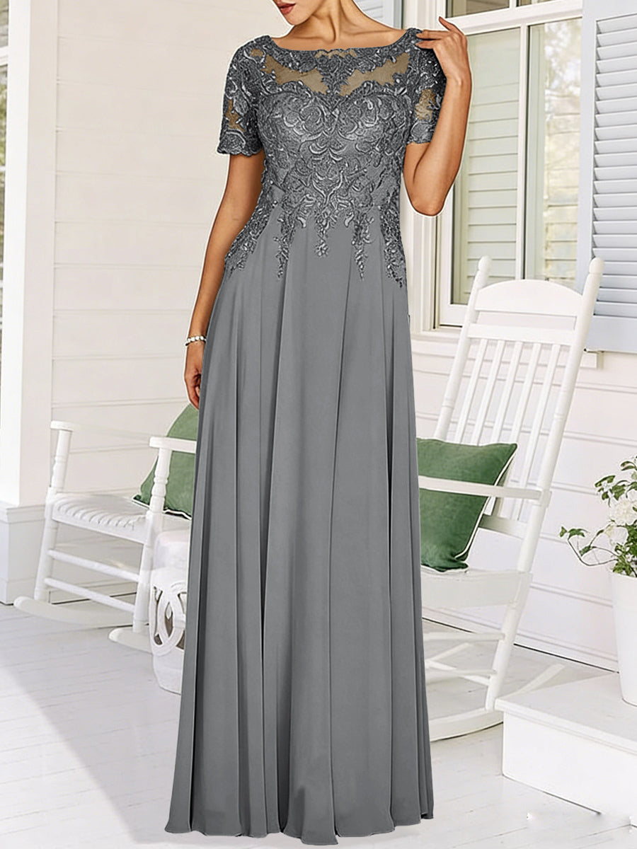 A-Line/Princess Scoop Neck Illusion Floor-Length Mother of the Bride Dresses with Lace Appliques