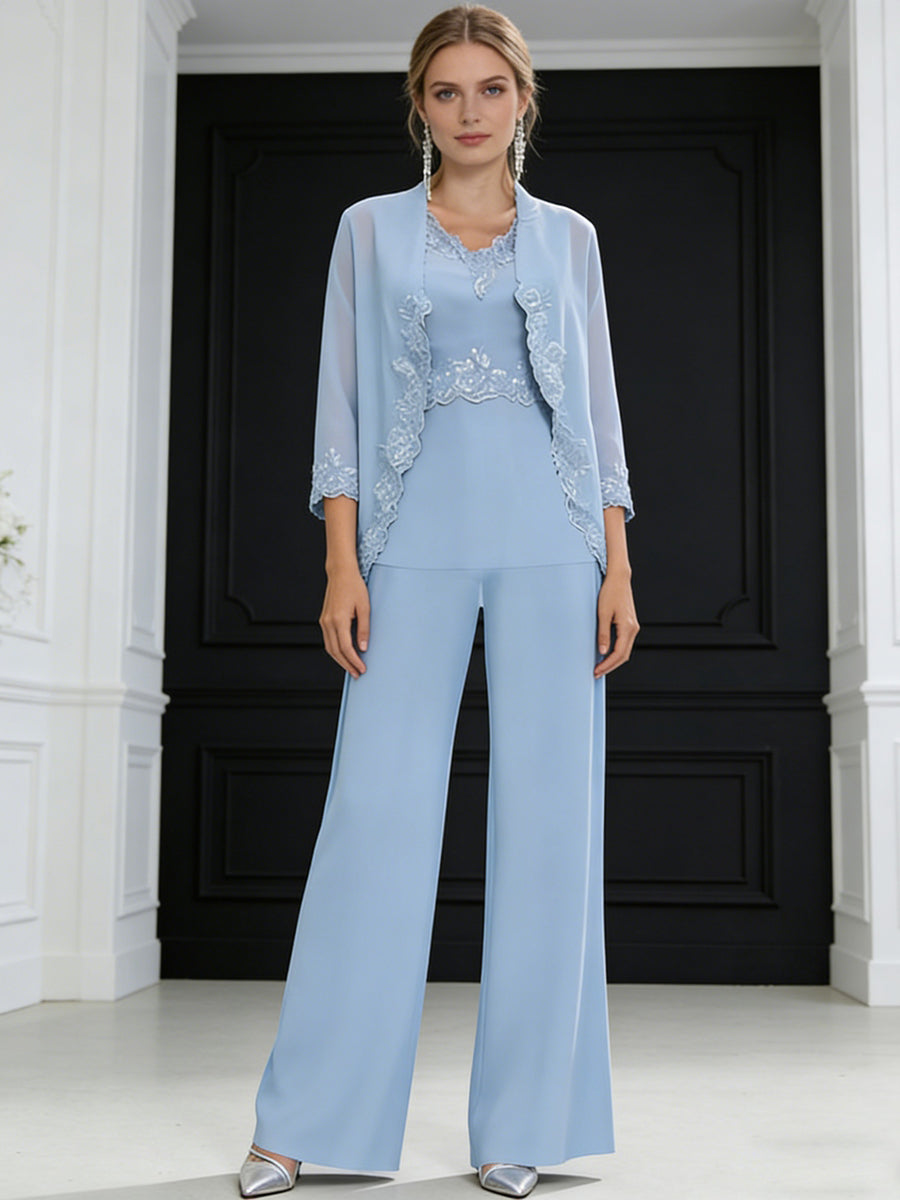 Pantsuits Separate V-Neck Floor-Length Mother of the Bride Dresses with Lace Appliques