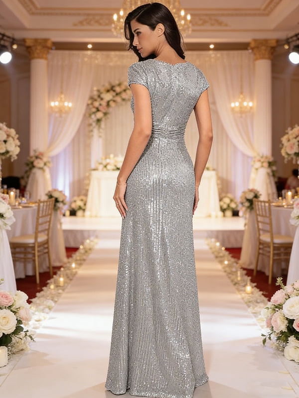 Sheath/Column V-Neck Sparkly Sequins Floor-Length Mother of the Bride Dresses with Pleats