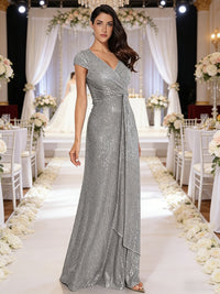 Sheath/Column V-Neck Sparkly Sequins Floor-Length Mother of the Bride Dresses with Pleats