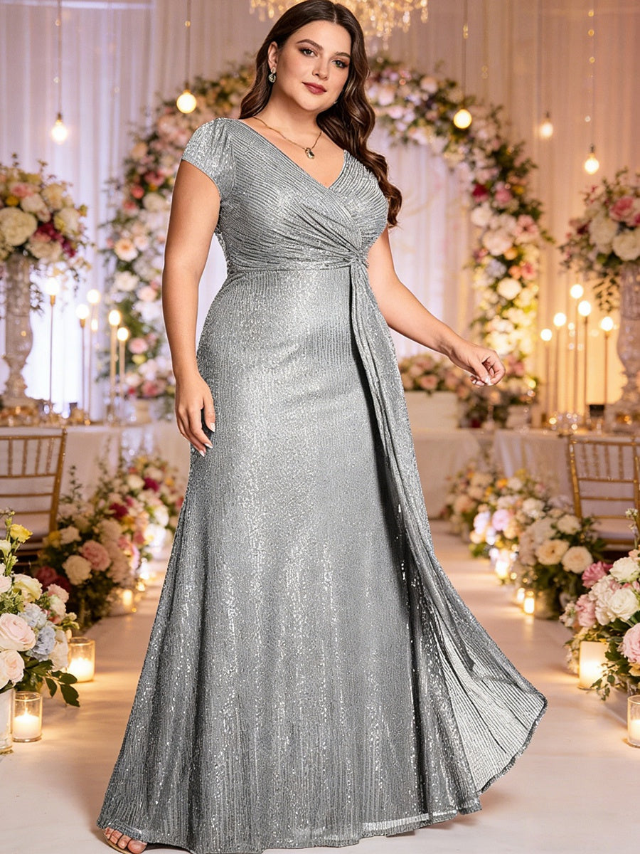 Sheath/Column V-Neck Sparkly Sequins Floor-Length Mother of the Bride Dresses with Pleats