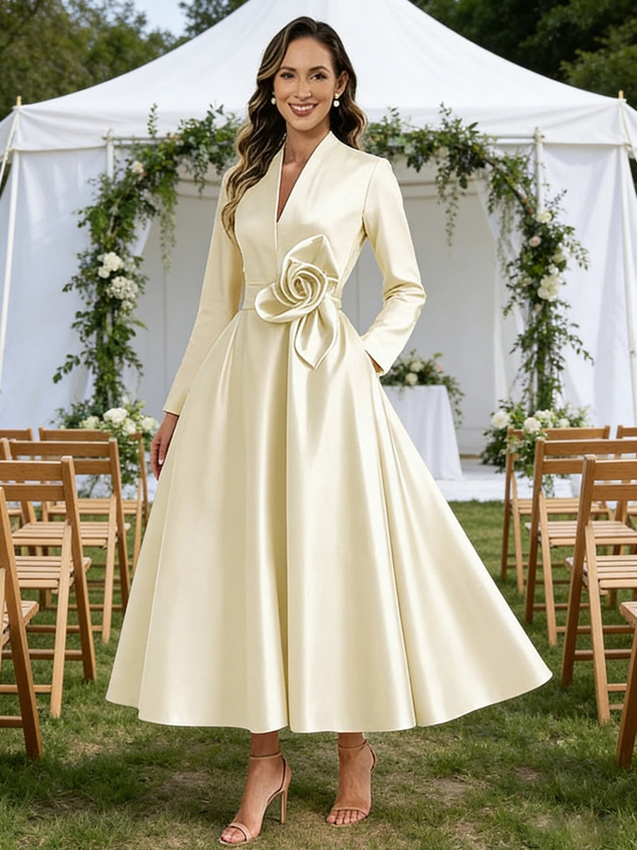 A-Line/Princess V-Neck Satin Tea-Length Mother of the Bride Dresses with Flower