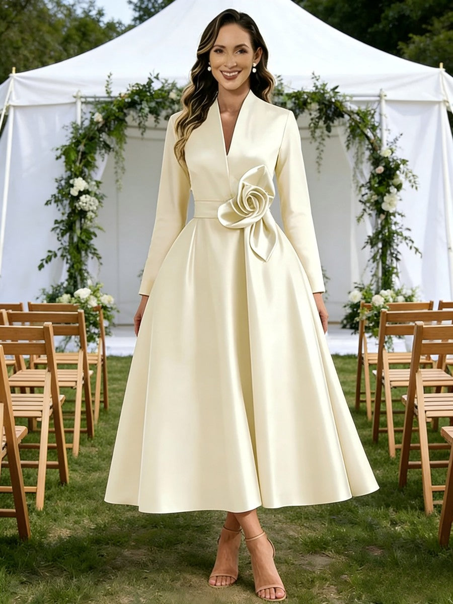 A-Line/Princess V-Neck Satin Tea-Length Mother of the Bride Dresses with Flower
