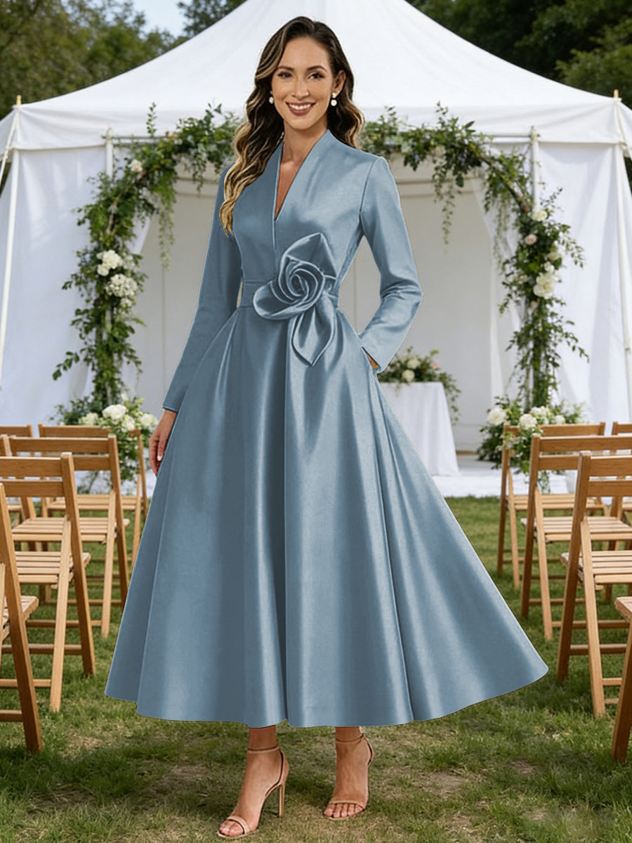 A-Line/Princess V-Neck Satin Tea-Length Mother of the Bride Dresses with Flower