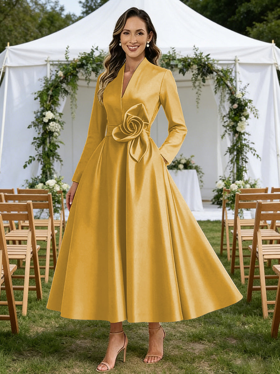 A-Line/Princess V-Neck Satin Tea-Length Mother of the Bride Dresses with Flower