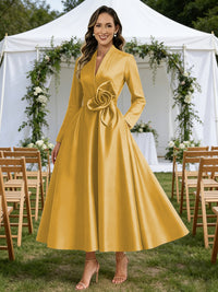 A-Line/Princess V-Neck Satin Tea-Length Mother of the Bride Dresses with Flower