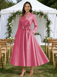 A-Line/Princess V-Neck Satin Tea-Length Mother of the Bride Dresses with Flower
