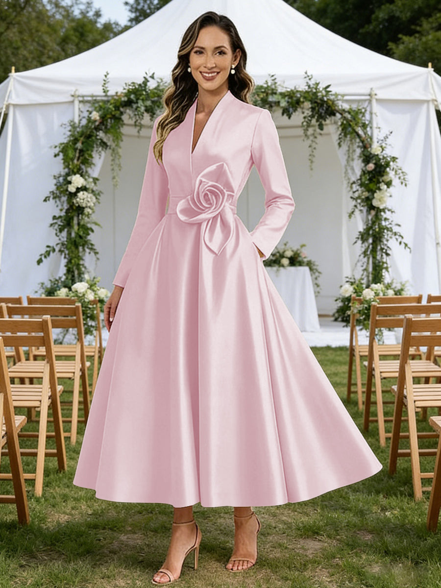 A-Line/Princess V-Neck Satin Tea-Length Mother of the Bride Dresses with Flower