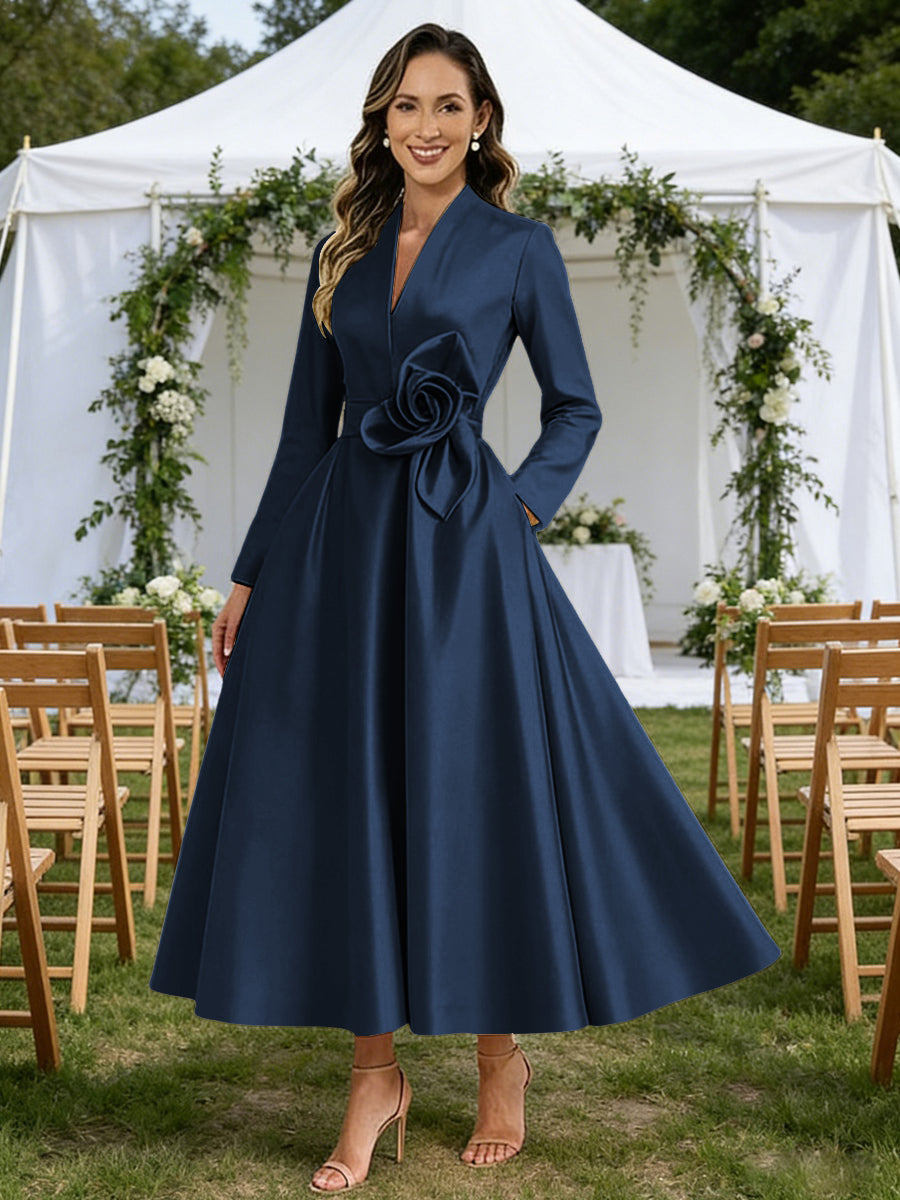 A-Line/Princess V-Neck Satin Tea-Length Mother of the Bride Dresses with Flower