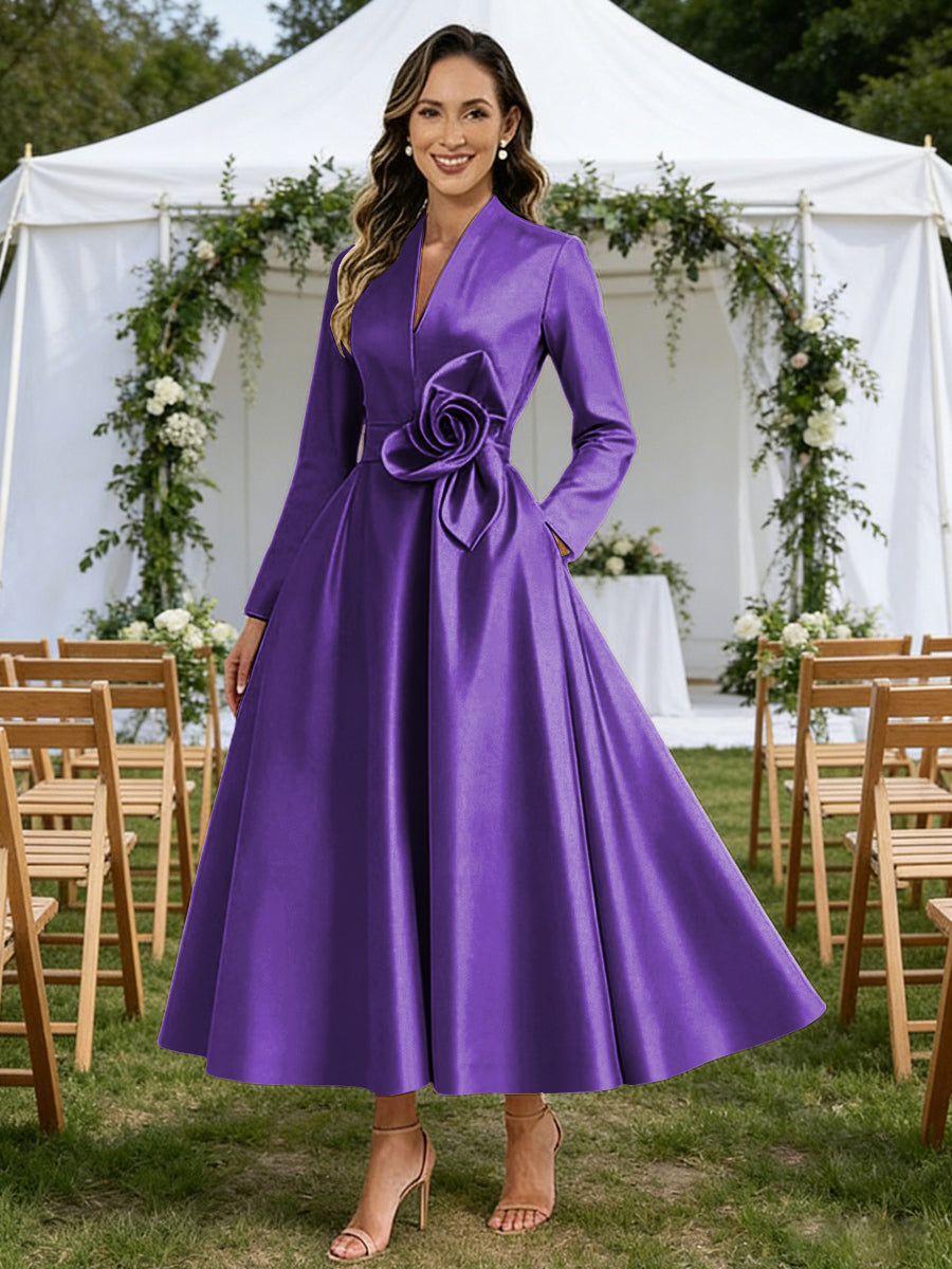 A-Line/Princess V-Neck Satin Tea-Length Mother of the Bride Dresses with Flower