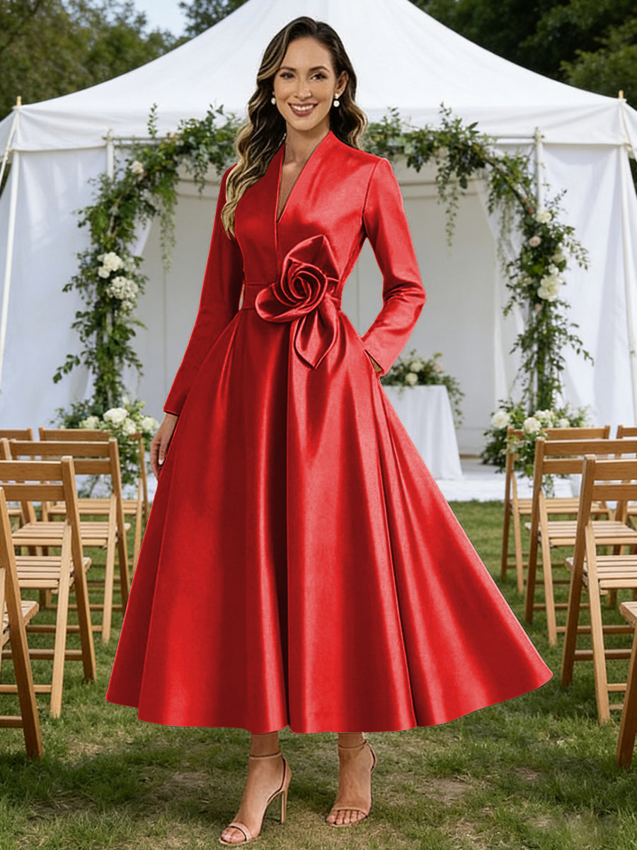 A-Line/Princess V-Neck Satin Tea-Length Mother of the Bride Dresses with Flower
