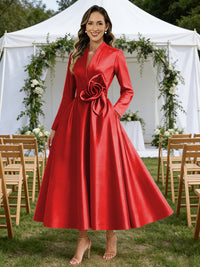 A-Line/Princess V-Neck Satin Tea-Length Mother of the Bride Dresses with Flower