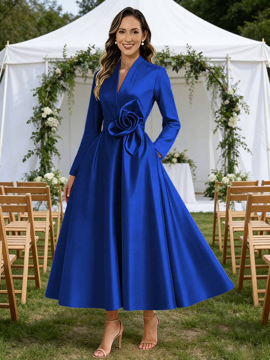 A-Line/Princess V-Neck Satin Tea-Length Mother of the Bride Dresses with Flower