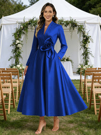 A-Line/Princess V-Neck Satin Tea-Length Mother of the Bride Dresses with Flower