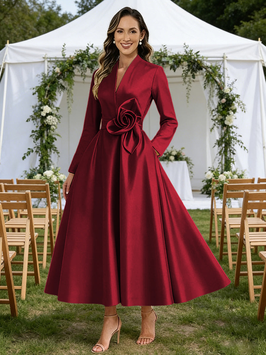 A-Line/Princess V-Neck Satin Tea-Length Mother of the Bride Dresses with Flower