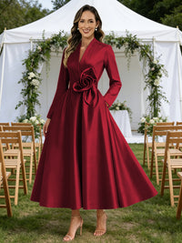 A-Line/Princess V-Neck Satin Tea-Length Mother of the Bride Dresses with Flower