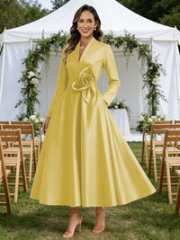 A-Line/Princess V-Neck Satin Tea-Length Mother of the Bride Dresses with Flower