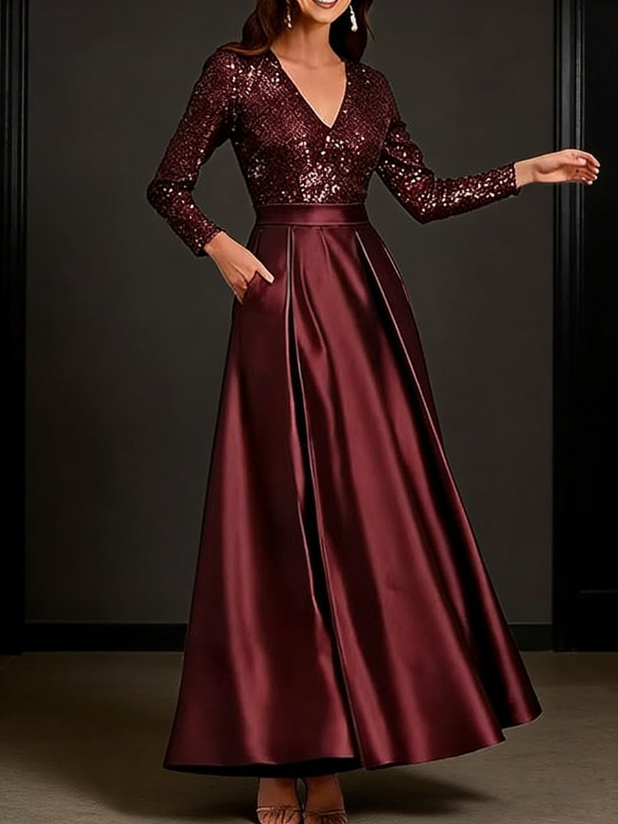 A-Line/Princess V-Neck Pleated Satin Ankle-Length Mother of the Bride Dresses with Sequins