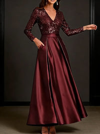 A-Line/Princess V-Neck Pleated Satin Ankle-Length Mother of the Bride Dresses with Sequins