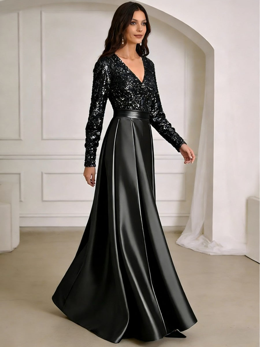 A-Line/Princess V-Neck Pleated Satin Ankle-Length Mother of the Bride Dresses with Sequins