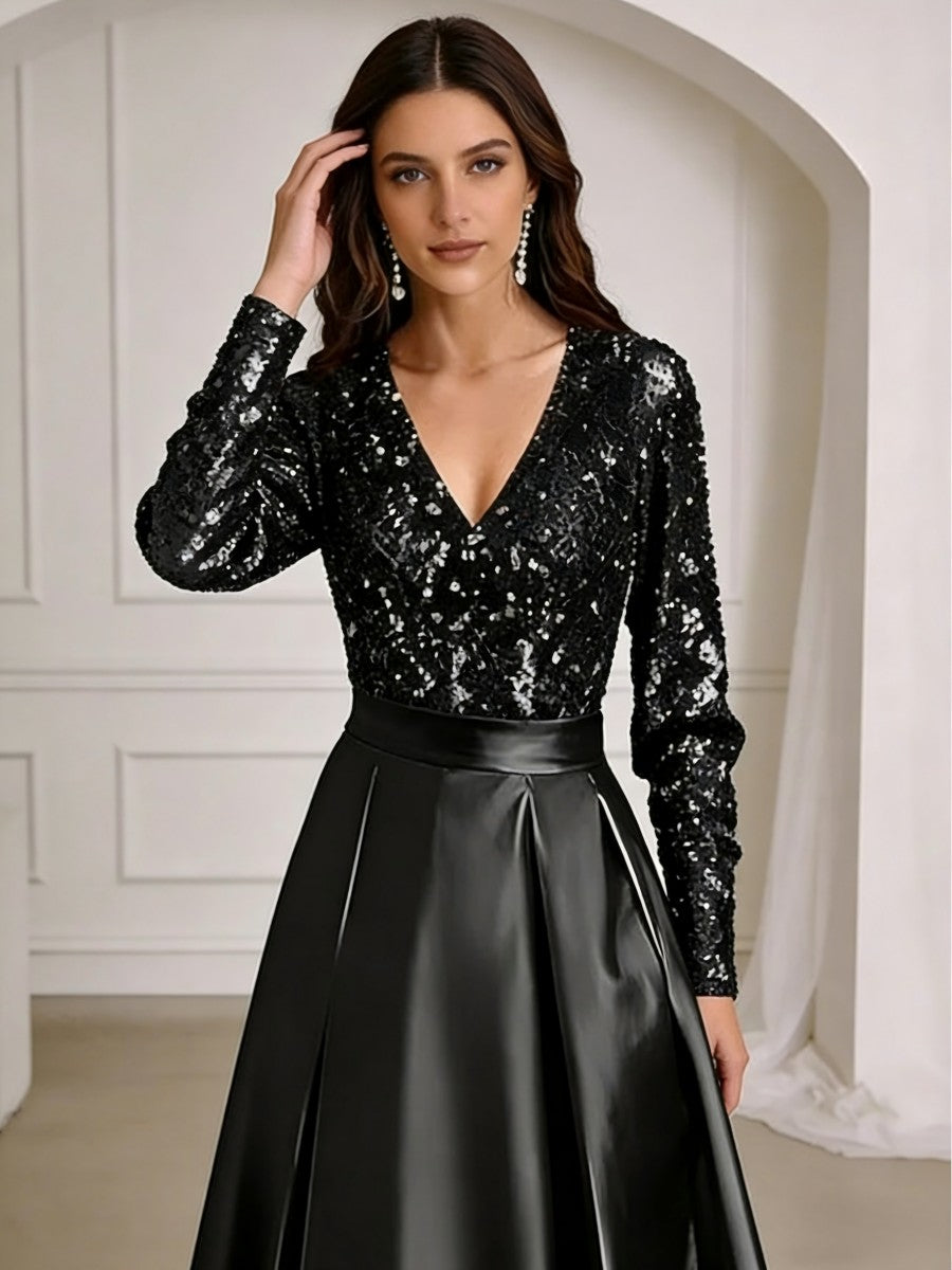 A-Line/Princess V-Neck Pleated Satin Ankle-Length Mother of the Bride Dresses with Sequins