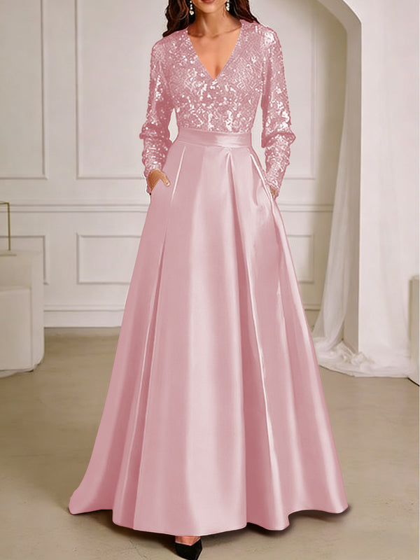 A-Line/Princess V-Neck Pleated Satin Ankle-Length Mother of the Bride Dresses with Sequins