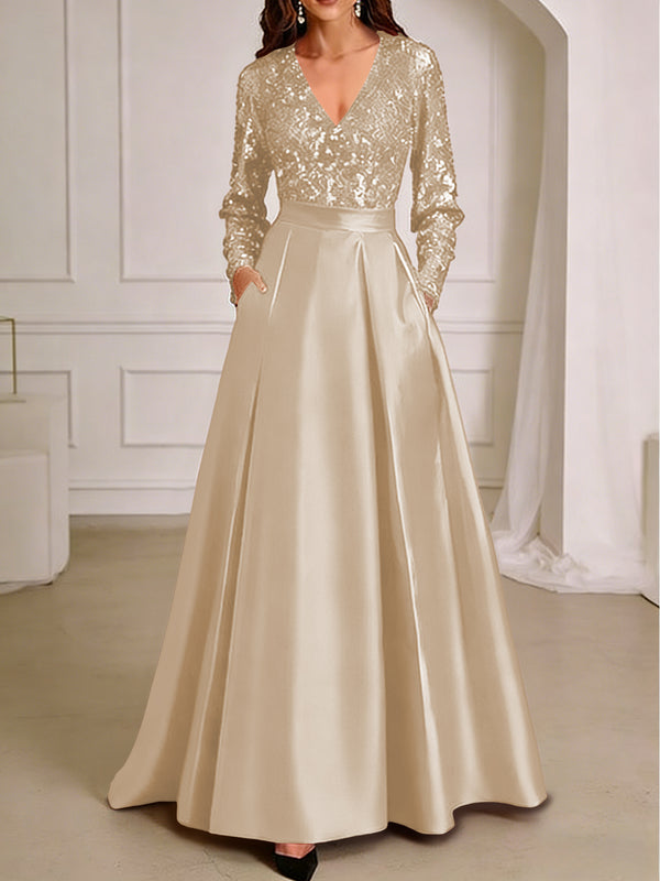 A-Line/Princess V-Neck Pleated Satin Ankle-Length Mother of the Bride Dresses with Sequins