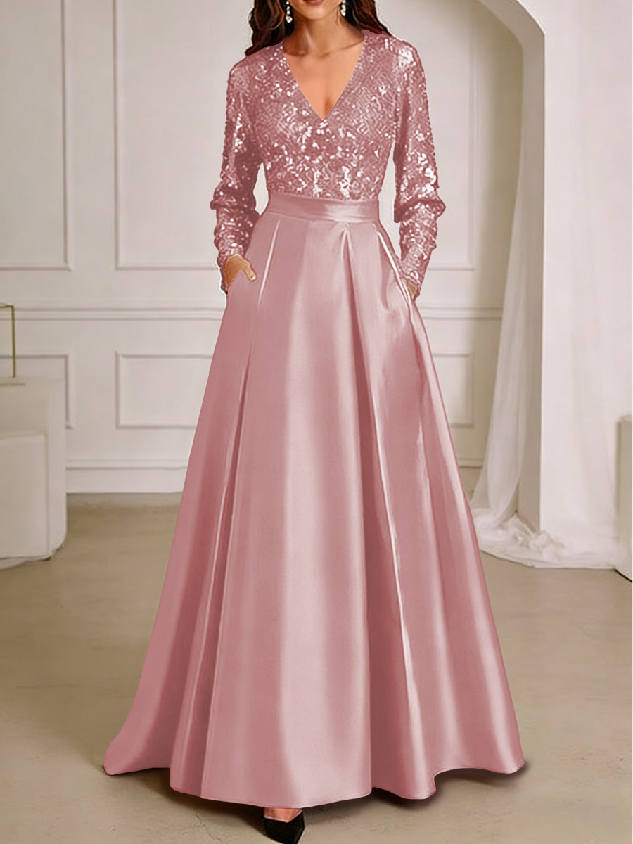 A-Line/Princess V-Neck Pleated Satin Ankle-Length Mother of the Bride Dresses with Sequins
