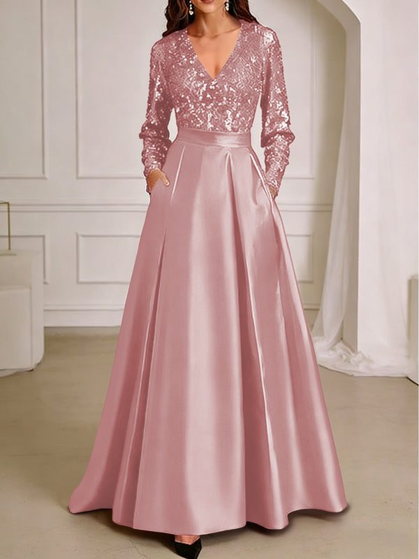 A-Line/Princess V-Neck Pleated Satin Ankle-Length Mother of the Bride Dresses with Sequins