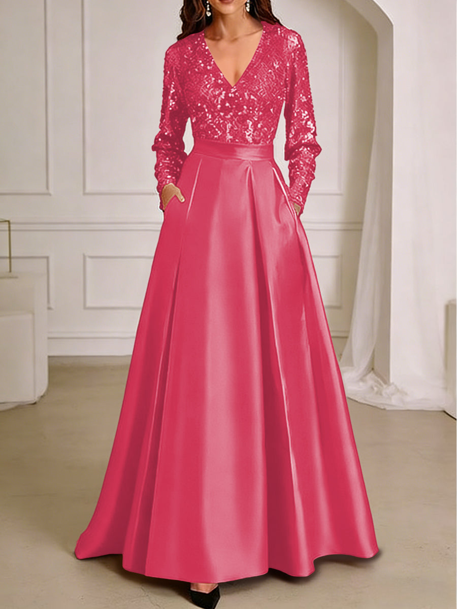 A-Line/Princess V-Neck Pleated Satin Ankle-Length Mother of the Bride Dresses with Sequins
