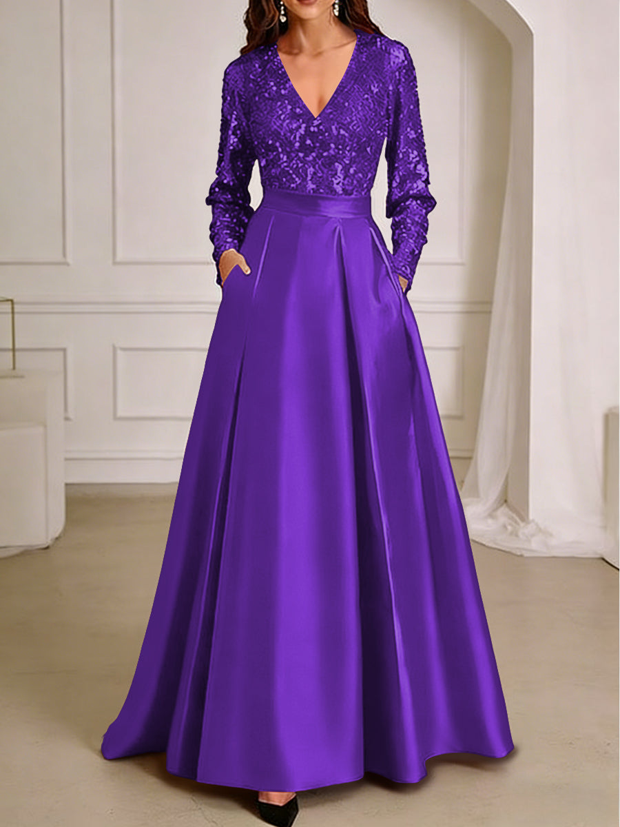 A-Line/Princess V-Neck Pleated Satin Ankle-Length Mother of the Bride Dresses with Sequins