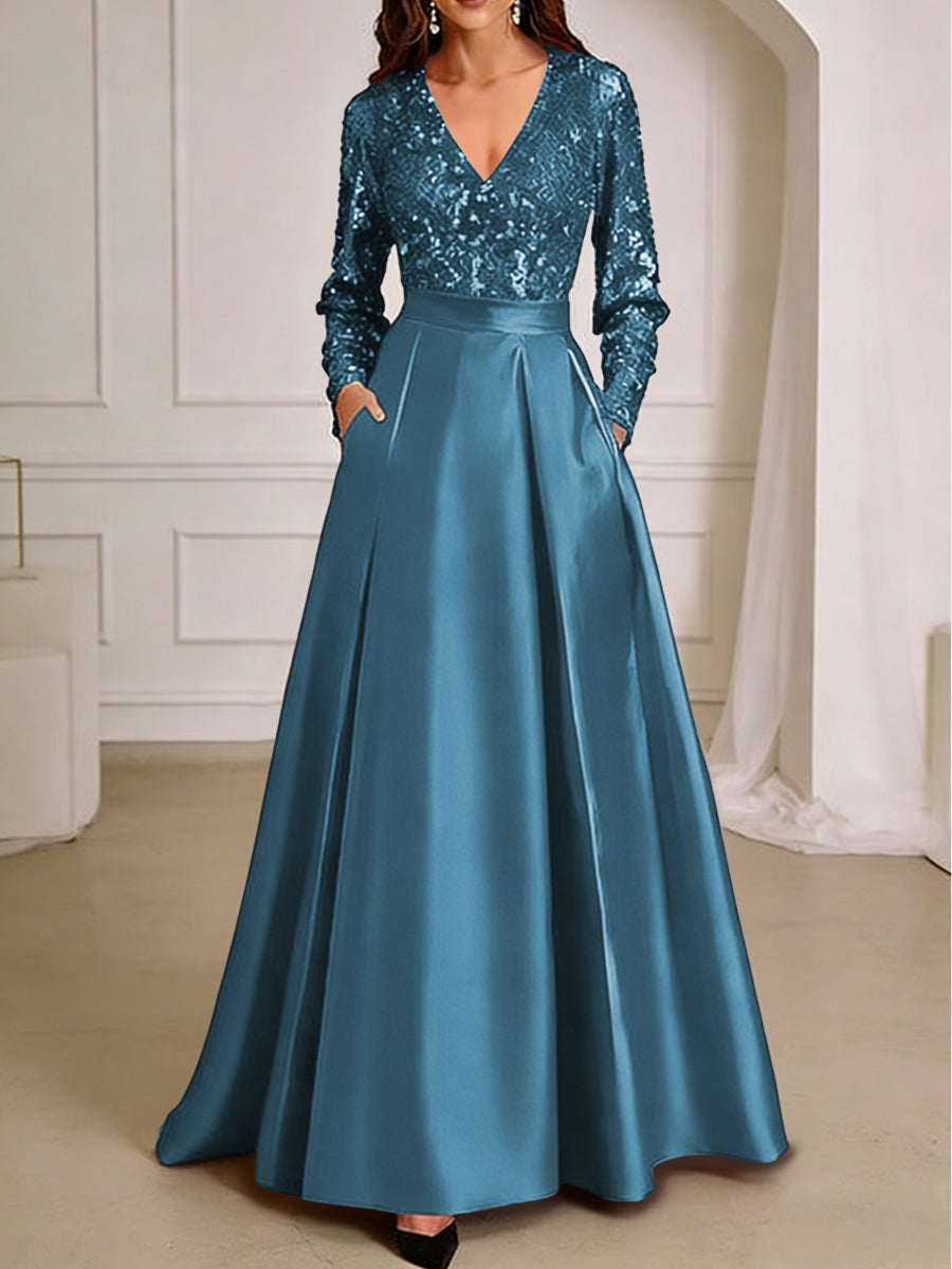 Shirees Teal A-Line/Princess V-Neck Pleated Satin Ankle-Length Mother of the Bride Dresses with Sequins 2026