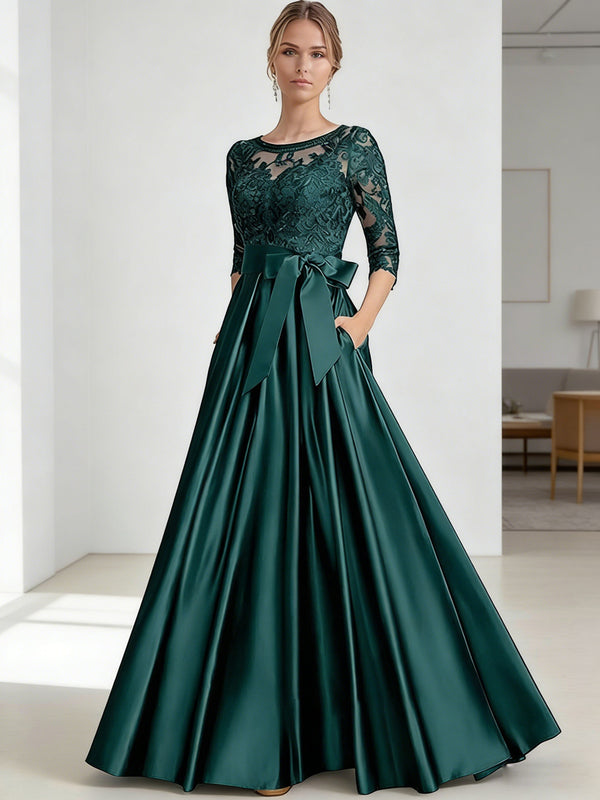 Shirees A-Line/Princess Scoop Neck Illusion Lace Appliques Satin Floor-Length Mother of the Bride Dresses with Bow 2026 Shirees A-Line/Princess Scoop Neck Illusion Lace Appliques Satin Floor-Length Mother of the Bride Dresses with Bow 2026