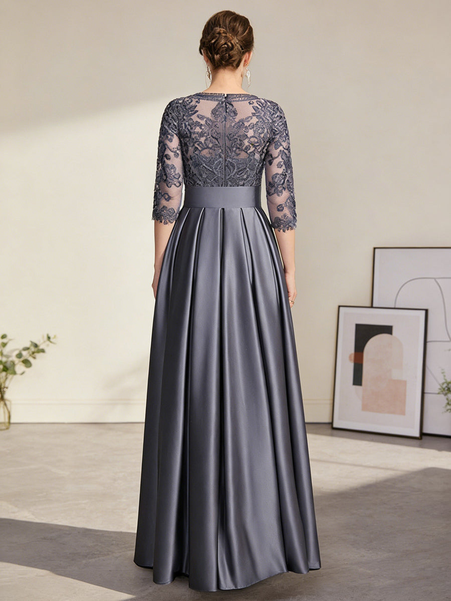 A-Line/Princess Scoop Neck Illusion Lace Appliques Satin Floor-Length Mother of the Bride Dresses with Bow